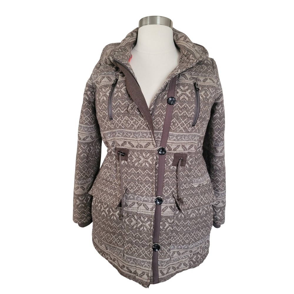 Steve Madden Fair Isle Hooded Parka Women Large Brown Excellent Wool Blend Coat